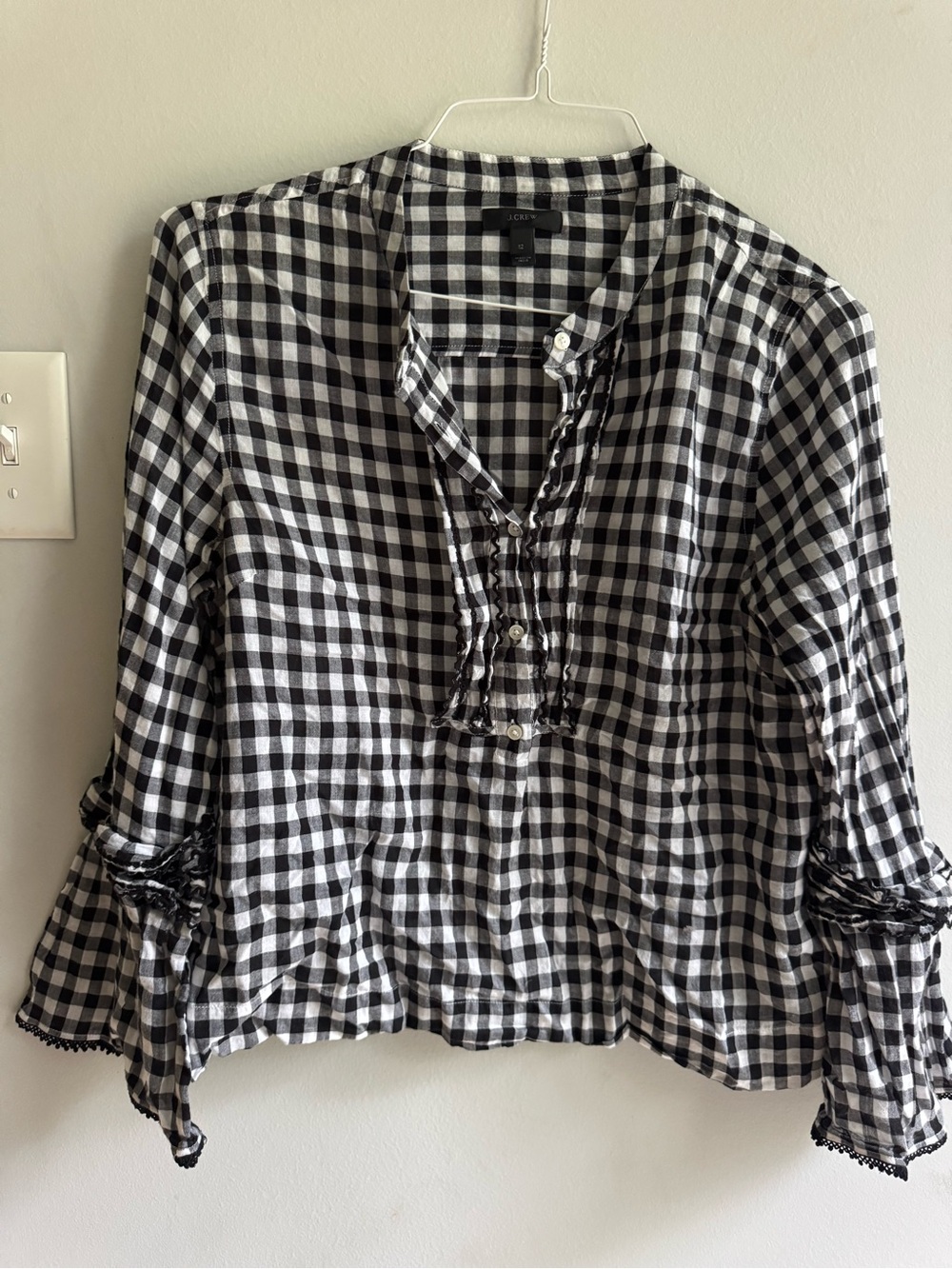 J. Crew Black and White Gingham Ruffle-Front Button Down Blouse